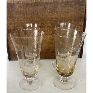 Set of 4 Etched Palm Tree Footed Iced Tea Glasses Amber Tint ~7"